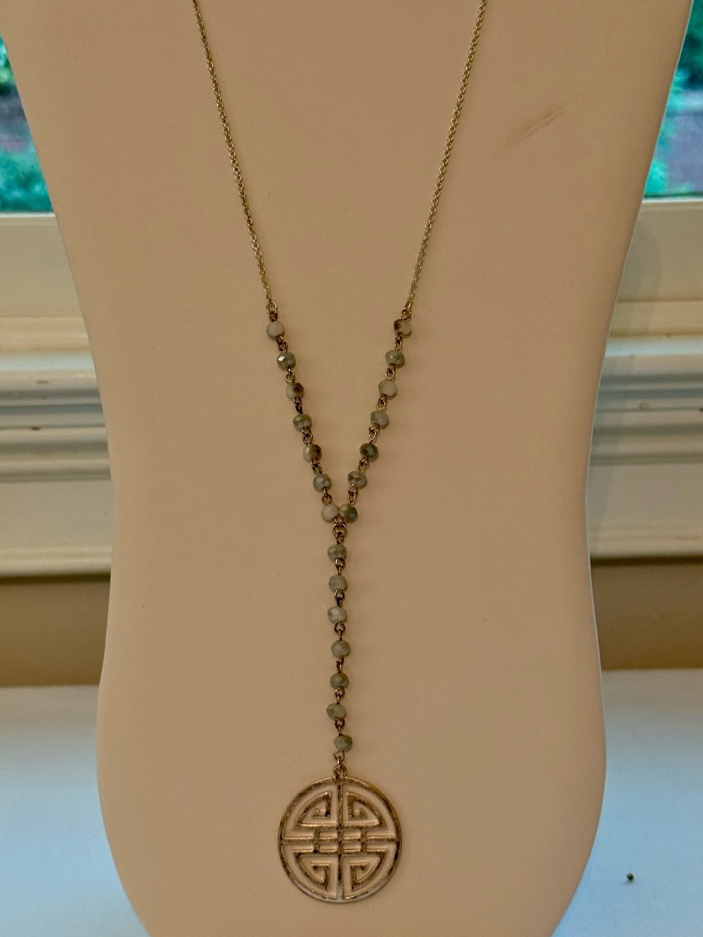 Four Blessings Good Luck Y-Necklace with Silver Chain and Round Medallion